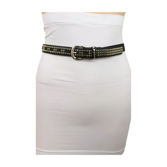 Women Black Faux Leather Skinny Belt + Wallet Bag Silver Studs Size S M z037 main image 16